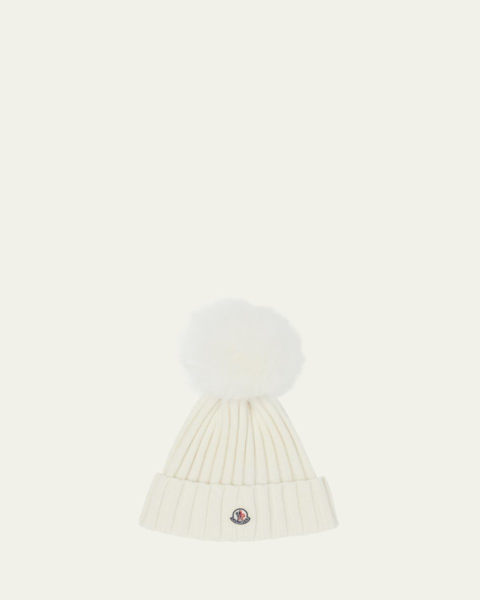 Ribbed Logo Beanie with Faux Fur Pom